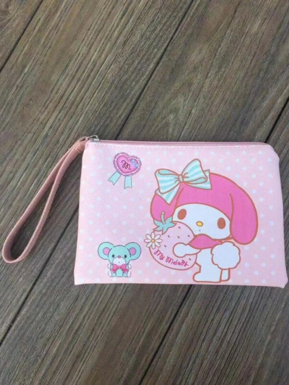 My Melody Holding Strawberry And Flat Clutch Wristlet